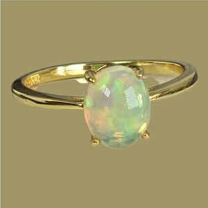925 Sterling Silver 14K Gold Plated Ring with Natural White Opal 8x6mm